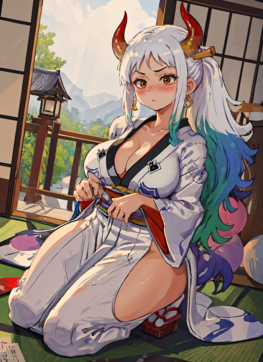 1girls ai_generated big_breasts blue_hair blush breasts brown_eyes cleavage female female_only hi_res horns kimono large_breasts mabi_ai multicolored_hair one_piece shoji white_hair yamato_(one_piece)