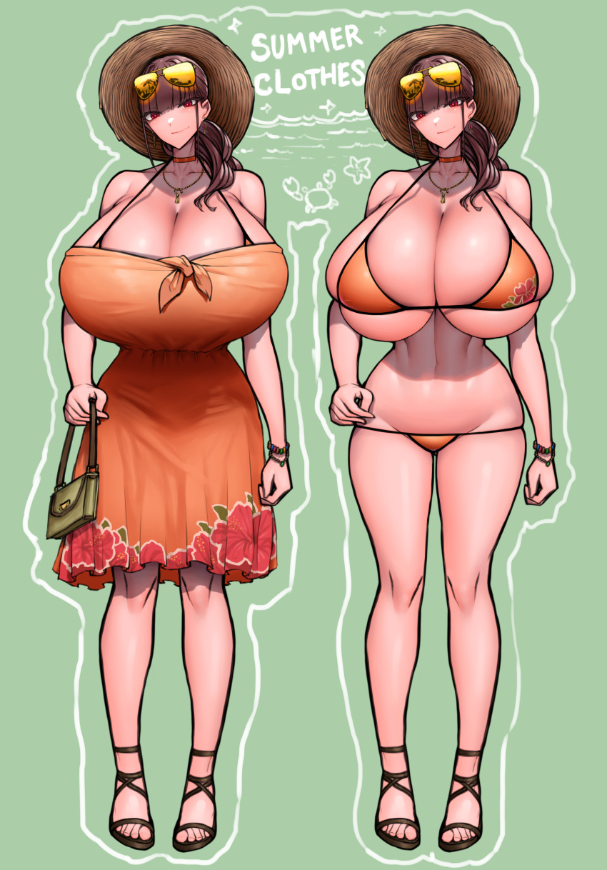 1girls big_breasts bikini breasts busty choker curvaceous curvy curvy_body curvy_female curvy_figure female hat huge_breasts large_breasts original original_characters purse red_eyes summer_hat sunglasses sunglasses_on_head voluptuous wolffeld wolffeld_price