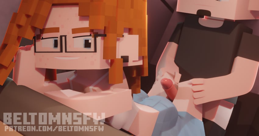 1boy 1boy1girl 1girls 3d beltomnsfw big_ass blender brown_hair clothed elli_(beltomnsfw) female foot_fetish footjob glasses horny_female mine-imator minecraft tagme