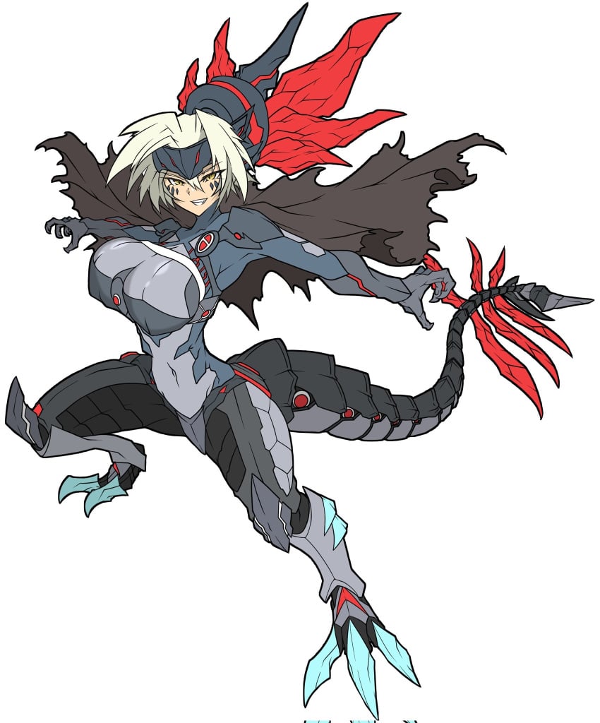 armor armored_bodysuit black_armor black_bodysuit blonde_hair bodysuit breasts dinomorphia_kentregina dinosaur_girl duel_monster female hand_up headgear mechanical_tail short_hair tail yu-gi-oh!_zexal