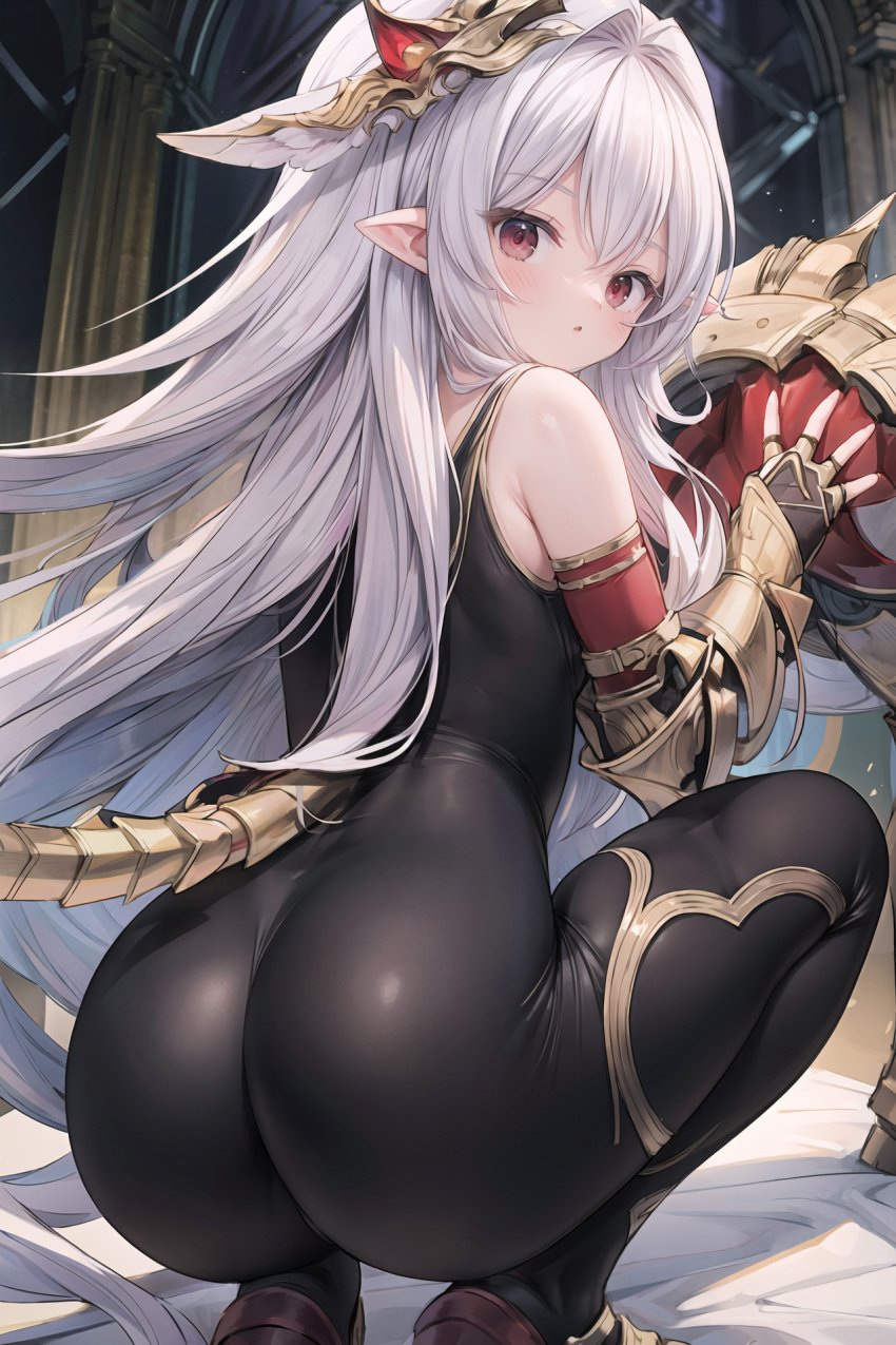 ai_generated armor ass bare_shoulders blush bodysuit breastplate female fingerless_gloves from_behind granblue_fantasy helmet long_hair looking_at_viewer medusa_(shingeki_no_bahamut) pointy_ears red_eyes shingeki_no_bahamut shiny shiny_clothes shiny_hair skin_tight solo squatting tail very_long_hair white_hair