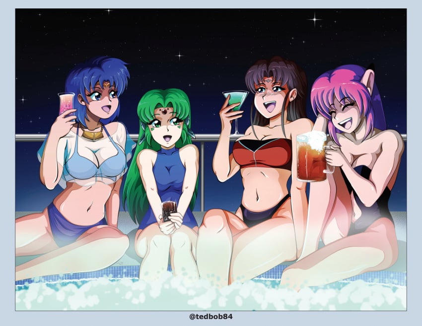 4girls alcohol alys_brangwin android beer beer_mug bikini bubbles cocktail_glass collaboration demi fal_(phantasy_star_iv) happy hot_tub kyra_tierney martini_glass multiple_girls navel_cutout phantasy_star phantasy_star_iv pointy_ears pool rika rika_ashley see-through_clothing swimsuit tedbob84