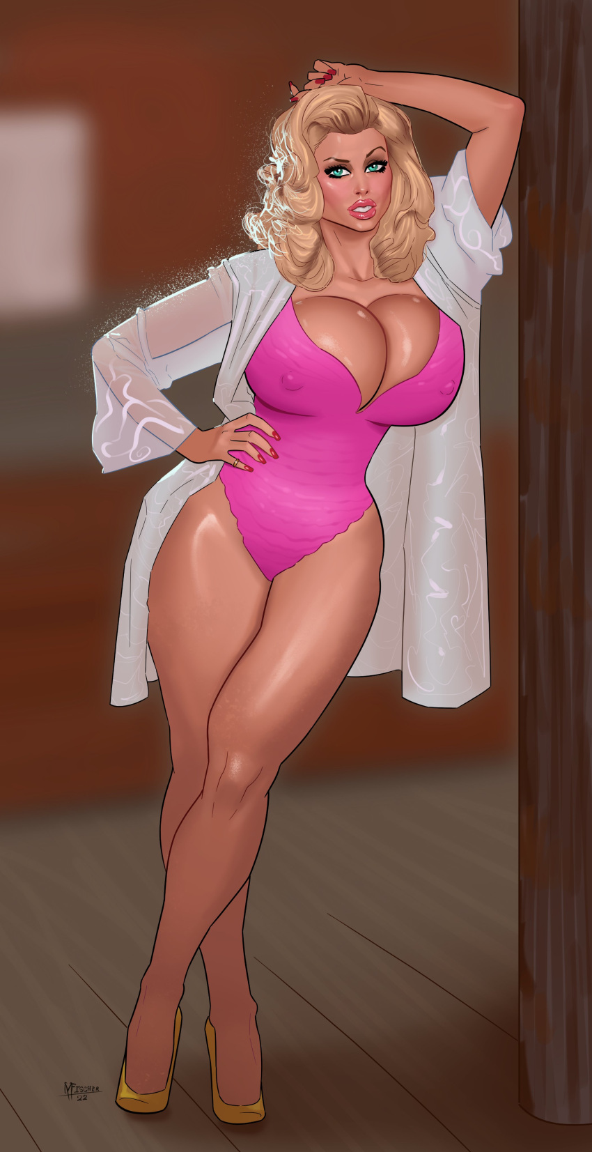 1girls 2d 2d_(artwork) anna_nicole_smith bathing_suit big_breasts bimbo blonde blonde_female blonde_hair celebrity cleavage eyelashes female female_focus female_only high_heels leaning leaning_against_wall leaning_on_elbow leaning_on_wall lipstick makeup mature mature_female mature_woman meinfischer milf nipple_bulge one-piece_swimsuit seductive seductive_look slippers swimsuit tanya_peters the_naked_gun thick_lips thick_thighs wooden_floor