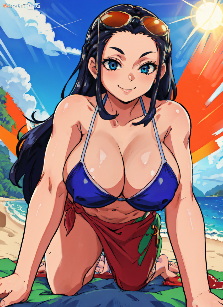 1girls ai_generated all_fours beach bent_over big_breasts black_hair blue_eyes breasts female female_only from_below hi_res huge_breasts large_breasts leaning_forward mabi_ai nico_robin one_piece post-timeskip post_timeskip sunglasses sunglasses_on_head thick_thighs