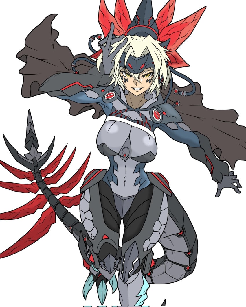 armor armored_bodysuit black_armor black_bodysuit blonde_hair bodysuit breasts dinomorphia_kentregina dinosaur_girl duel_monster female hand_up headgear mechanical_tail short_hair tail yu-gi-oh!_zexal