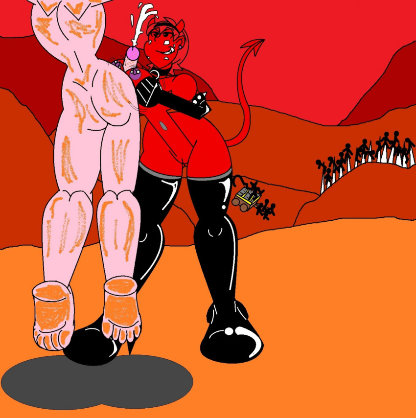 cartoony cum cum_on_face demon_girl demon_humanoid dominant_female ejaculation_between_breasts erection female_dominating_male hell high_heel_boots latex_boots latex_gloves malicia_the_demon marlon64 naked_boots naked_female nude_sex paizuri titfuck titjob torture