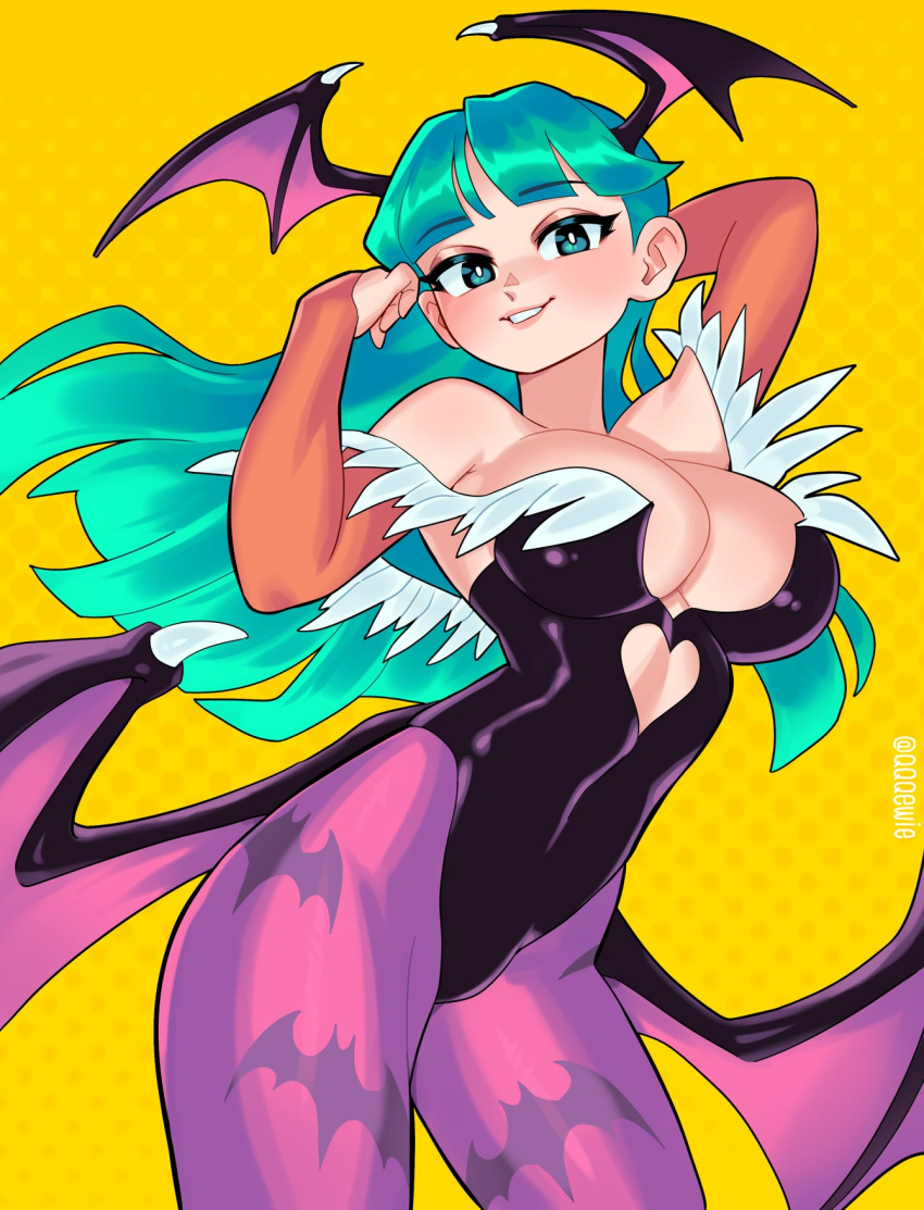 1girls arm_behind_head bangs bat_print capcom cleavage clothing darkstalkers demon_wings female female_only gauntlets green_eyes green_hair head_wings heart_shape hi_res inner_sideboob leotard long_hair looking_at_viewer medium_breasts morrigan_aensland pantyhose purple_pantyhose qewie smiling smiling_at_viewer solo succubus wings yellow_background