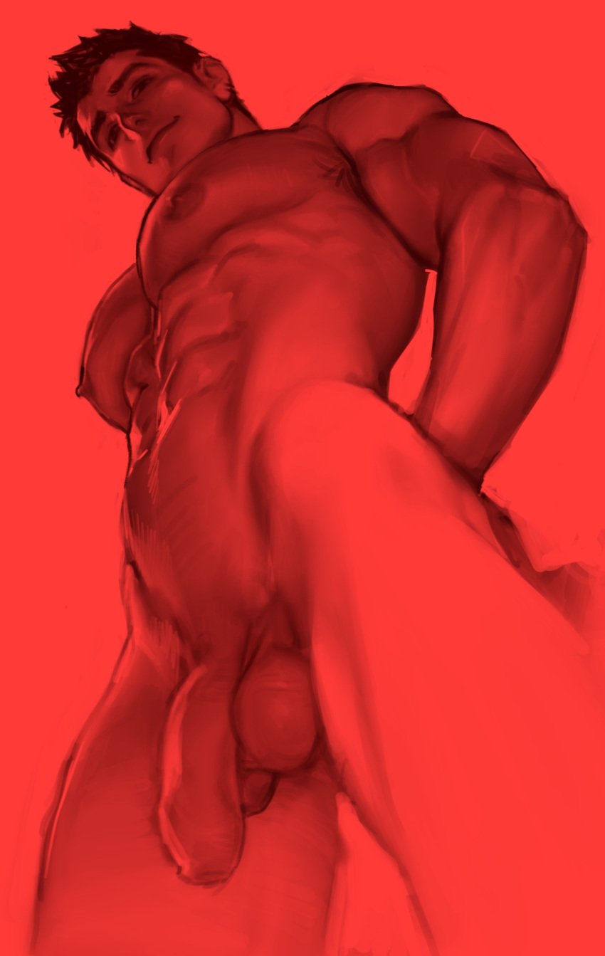 1boy 9_ggy9t abs armpit_hair balls bara bara_tiddies bara_tits big_pecs busty closed_mouth completely_nude erect_nipples flaccid flaccid_penis hairy_armpits hands_behind_back highres huge_pecs human human_only large_pectorals looking_at_viewer looking_down low-angle_view male male_chest male_focus male_nipples male_only manboobs moobs muscles muscular muscular_male naked navel nipples nude nude_male original pecs pectorals peggy9ty penis red_background short_hair simple_background six_pack smile solo solo_focus solo_male standing testicles uncircumcised uncut worm's-eye_view