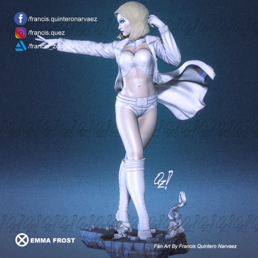 3d blonde_hair blue_eyes booty_shorts breasts cleavage emma_frost francis_quintero marvel marvel_comics new_x-men platinum_blonde_hair statue trenchcoat white_queen x-men