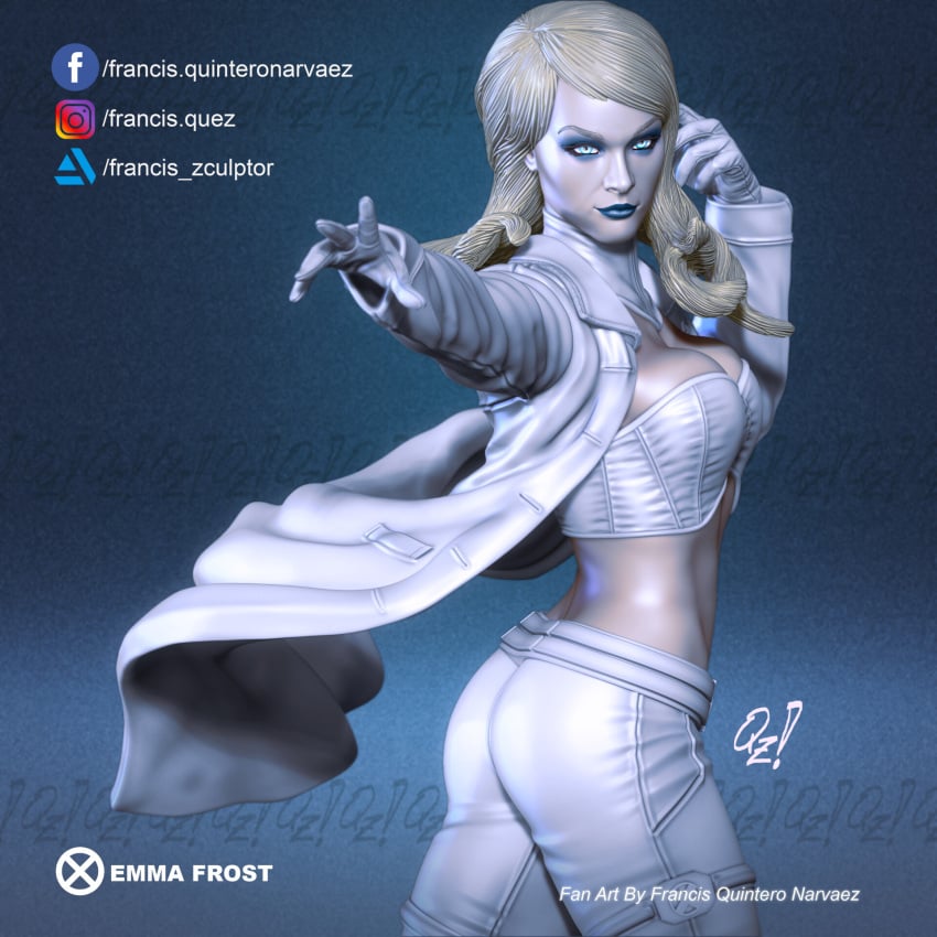 3d blonde_hair blue_eyes breasts cleavage emma_frost francis_quintero marvel marvel_comics new_x-men platinum_blonde_hair statue trenchcoat white_queen x-men