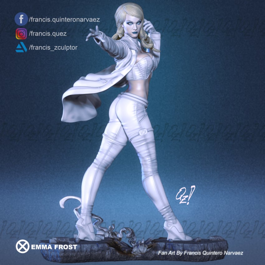 3d blonde_hair blue_eyes breasts cleavage emma_frost francis_quintero marvel marvel_comics new_x-men platinum_blonde_hair statue trenchcoat white_queen x-men