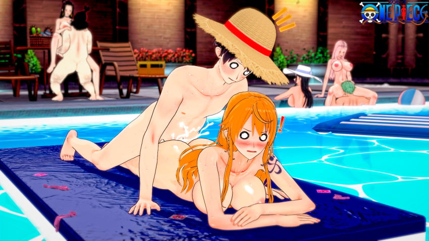 3boys 3d 4girls areolae background background_sex big_breasts black_hair boa_hancock breasts busty completely_nude cunnilingus curvy danp duo duo_focus eating_pussy female female_focus hina_(one_piece) koikatsu long_hair male monkey_d_luffy nami nico_robin nipples nude one_piece orange_hair pool poolside post-timeskip prone_bone roronoa_zoro saint_charlos sex short_hair straight straw_hat tattoo