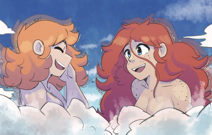 2girls cleavage cloud convenient_censoring freckles giantess growth long_hair nude orange_hair red_hair sihagen smile