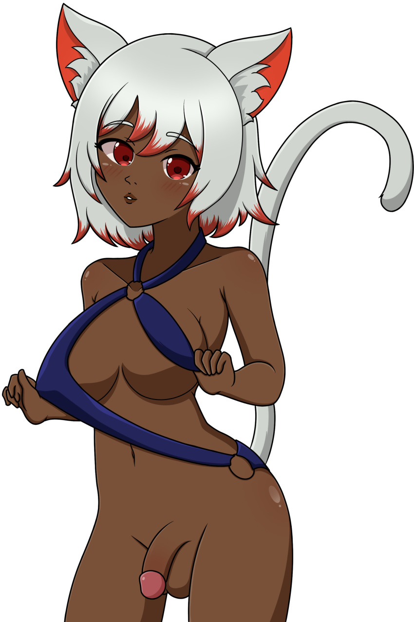 1futa ahju alternate_version_available animal_ears balls big_breasts bottomless breasts cat_girl clothed clothing dark-skinned_futanari dark_skin flaccid_penis futa_only futanari humanoid kemonomimi mostly_nude red_eyes red_hair s0ft short_hair solo solo_futa standing swimsuit two_tone_hair white_hair