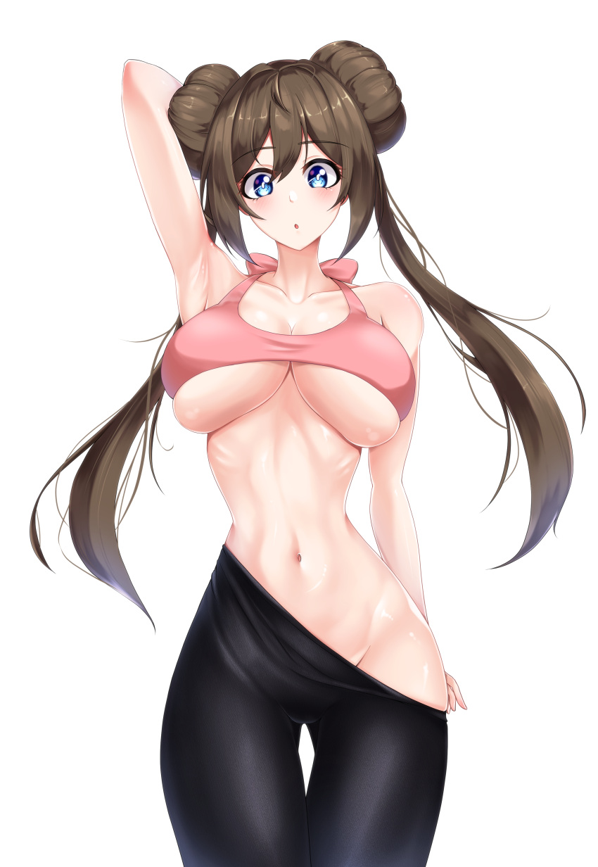 1girls arm_behind_back blue_eyes blush breasts brown_hair collarbone cowboy_shot double_bun female_focus hair_bun highres human human_only large_breasts leo23 looking_at_viewer navel nintendo pantyhose pokemon pokemon_bw2 rosa_(pokemon) simple_background solo thigh_gap undressing white_background