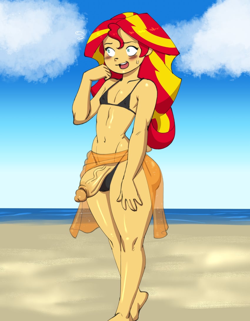 0beach big_penis bikini bikini_slip black_bikini boy_in_swimsuit darkeros13 embarrassed equestria_girls explicit femboy flat_chest genderswap_(ftm) male male_focus male_only my_little_pony rule_63 sarong solo sunset_shimmer thedarkeros trap