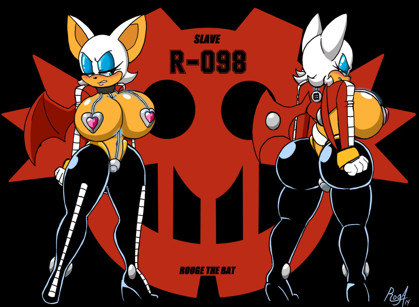 absurd_res angry annoyed annoyed_expression anthro ass bat big_breasts big_butt blush bottomwear breasts clothing collar eggman_empire eggman_logo eyeshadow female footwear fur gloves glowing handwear hi_res high_heels lipstick makeup mammal orange_body orange_skin property roga14 rouge_the_bat rubber rubber_clothing rubber_suit sega slave solo sonic_(series) sonic_the_hedgehog_(series) tight_bottomwear tight_clothing tight_fit white_body white_fur wings