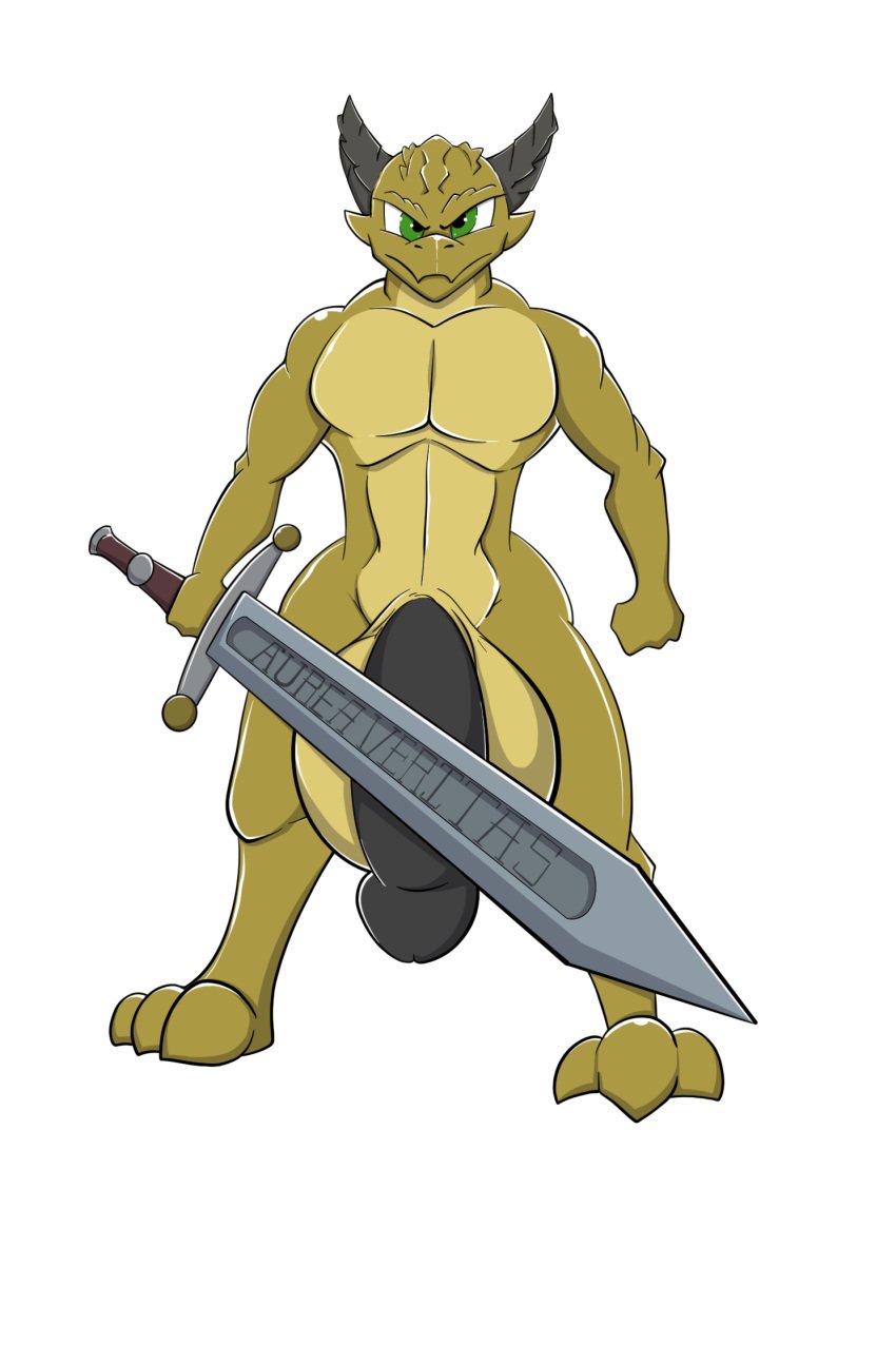 3_toes 4_fingers anthro aubrin balls big_balls big_penis black_horn black_penis english_text feet fingers genitals green_eyes hi_res horn humanoid_genitalia humanoid_penis kobold male melee_weapon non-mammal_balls penis solo standing sword text toes weapon yellow_balls yellow_body