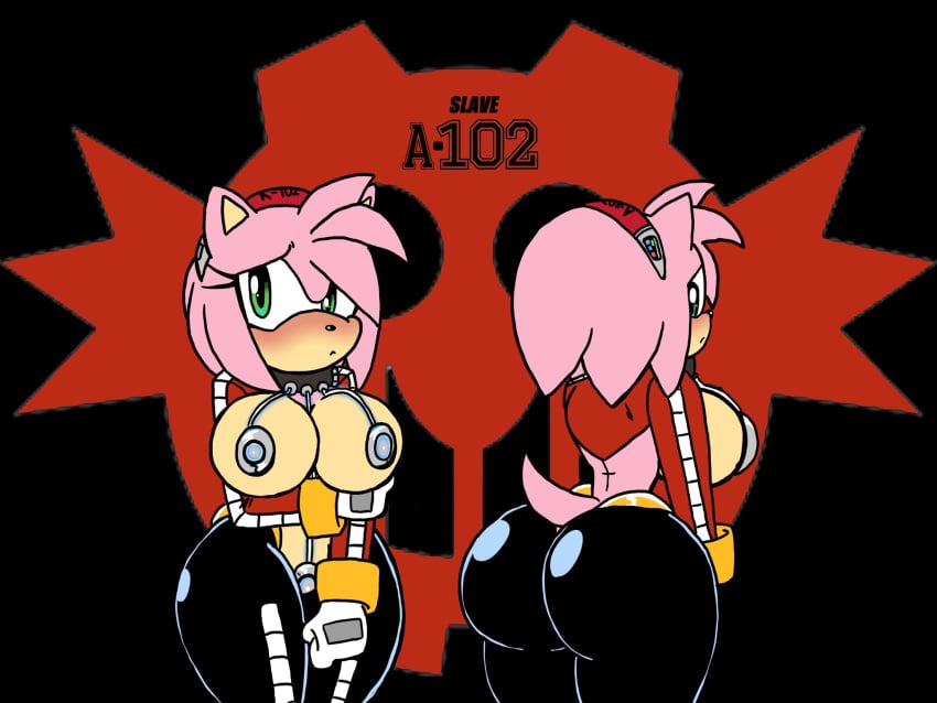 accessory amy_rose anthro ass big_breasts big_butt blush bottomwear breasts clothing collar eggman_empire eggman_logo eulipotyphlan female fur gloves green_eyes hair_accessory hairband handwear hedgehog hi_res mammal pink_body pink_fur property roga14 rubber rubber_clothing rubber_suit sega shy solo sonic_(series) sonic_the_hedgehog_(series) tight_bottomwear tight_clothing tight_fit