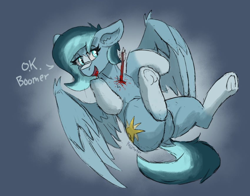 alaska_(reddthebat) arrow_(weapon) blood blue_body blue_eyes blue_feathers blue_fur blue_hair blue_mane blue_tail bodily_fluids cutie_mark digital_media_(artwork) dock equid equine fan_character feathered_wings feathers female feral fur gore hair hasbro hi_res hooves lying mammal mane my_little_pony pegasus ranged_weapon reddthebat signature solo spread_legs spreading tail underhoof weapon wings