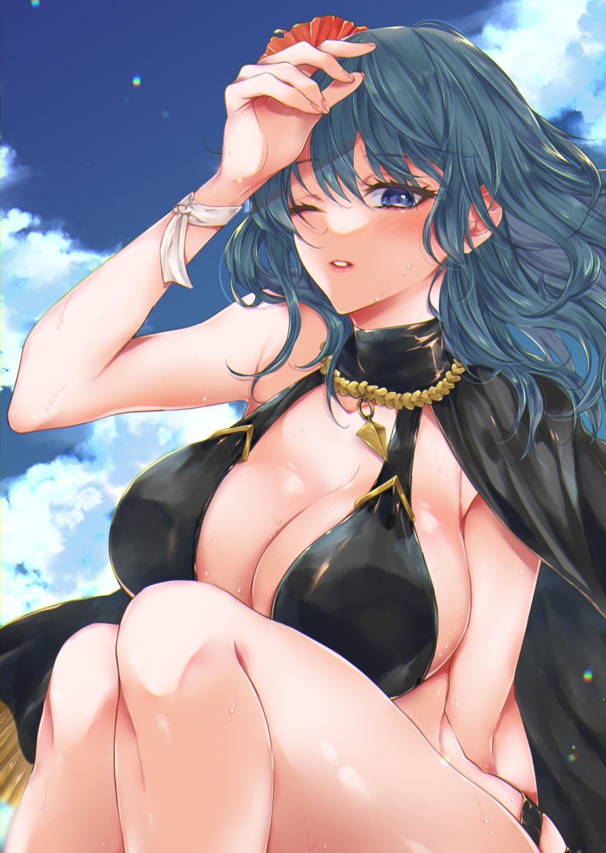 1girls alternate_costume bikini black_bikini black_cape black_swimsuit blue_eyes breasts byleth_(fire_emblem) byleth_(fire_emblem)_(female) byleth_(summer)_(fire_emblem)_(female) cape cleavage feet_out_of_frame female female_only fire_emblem fire_emblem:_three_houses fire_emblem_heroes flower green_hair hair_flower hair_ornament hibiscus highres knees_up large_breasts legs mokichi_xx nintendo official_alternate_costume one_eye_closed red_flower ribbon short_hair sideboob sitting solo swimsuit teal_hair