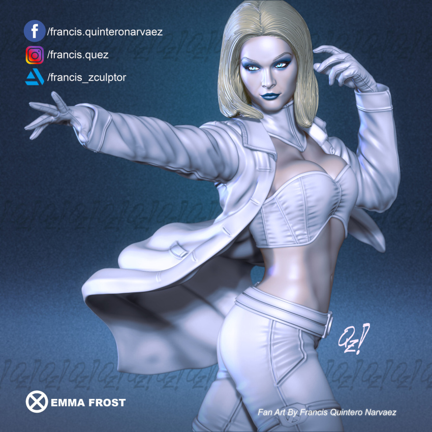 3d blonde_hair blue_eyes breasts cleavage emma_frost francis_quintero marvel marvel_comics new_x-men platinum_blonde_hair statue trenchcoat white_queen x-men