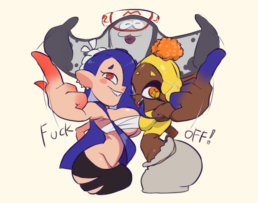 2girls 5tflldartist5 big_breasts big_man_(splatoon) blue_hair chocolate_and_vanilla dark-skinned_female dark_skin eyebrows female frye_(splatoon) large_breasts light-skinned_female light_skin looking_at_viewer middle_finger nintendo red_eyes shiver_(splatoon) splatoon splatoon_(series) splatoon_3 tongue tongue_out wide_hips yellow_eyes yellow_hair