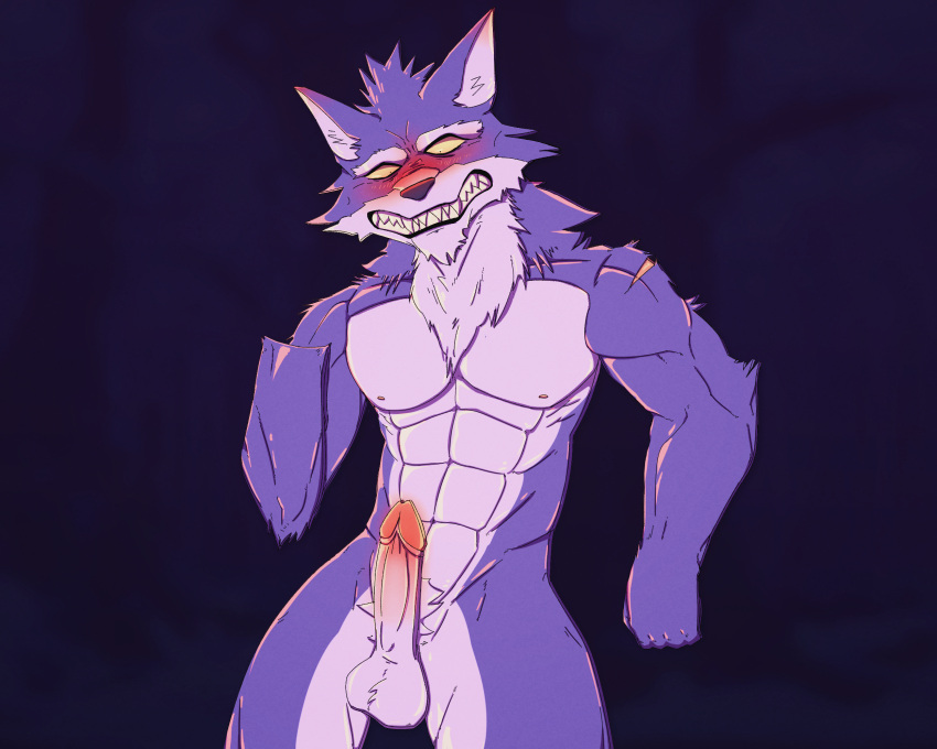 anthro balls blush canid canine canis erection flattened flustered fur genitals hair hi_res humanoid_genitalia humanoid_penis male male_only malleable_body malletspace mammal muscular muscular_male nipples nude pecs penis scar simple_background solo teeth toony were werecanid werecanine werewolf wolf yellow_sclera