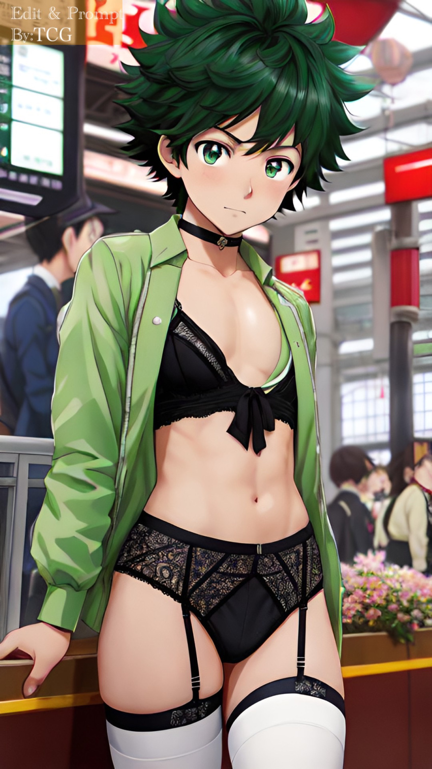 ai_generated black_lingerie choker femboy izuku_midoriya male_only my_hero_academia public stockings thechronicgamer train_station trap