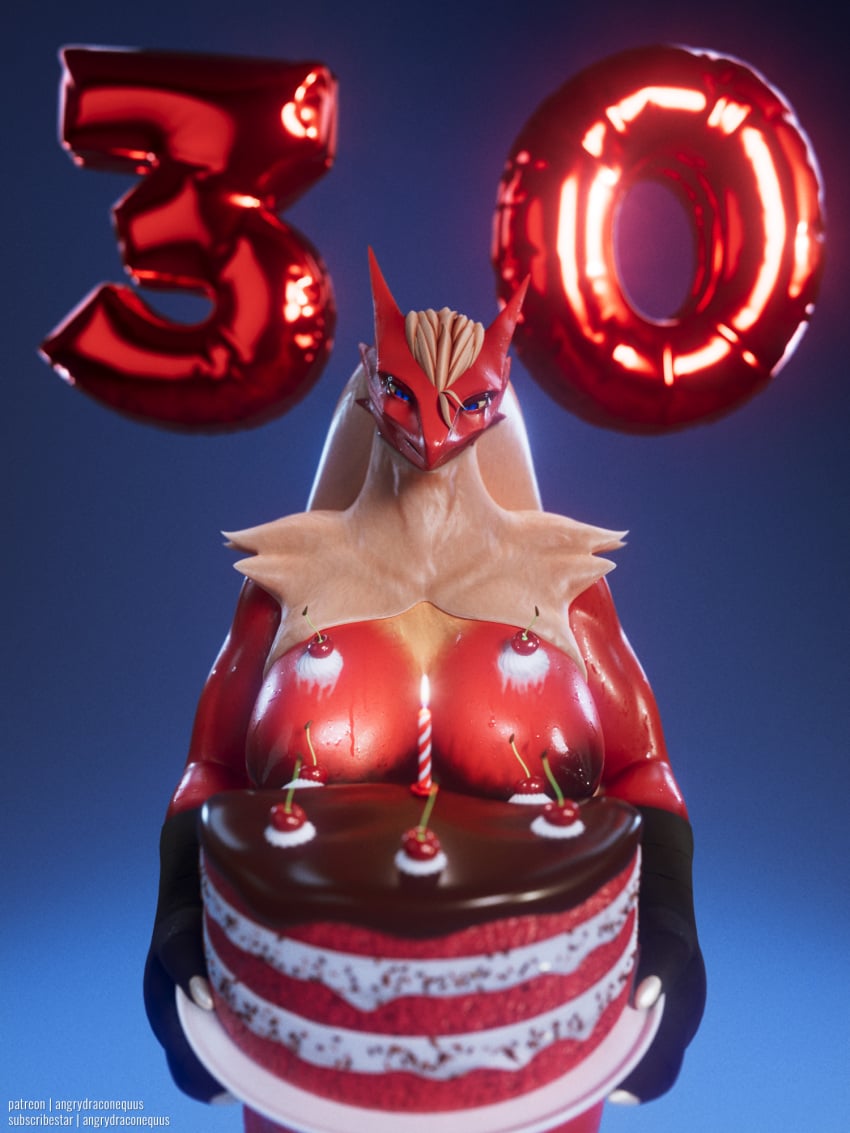 2023 3d_(artwork) angrydraconequus anthro areola big_areola big_breasts birthday birthday_cake blaze_(agitype01) blaziken blender_(software) blue_eyes bodily_fluids breasts cake candle candy cherry chocolate chocolate_on_breasts dairy_products dessert digital_media_(artwork) female food food_on_breasts fruit generation_3_pokemon hair hi_res looking_at_viewer nintendo nipples nude number plant plate pokemon pokemon_(species) red_body solo sweat sweaty_arms sweaty_breasts sweaty_face whipped_cream