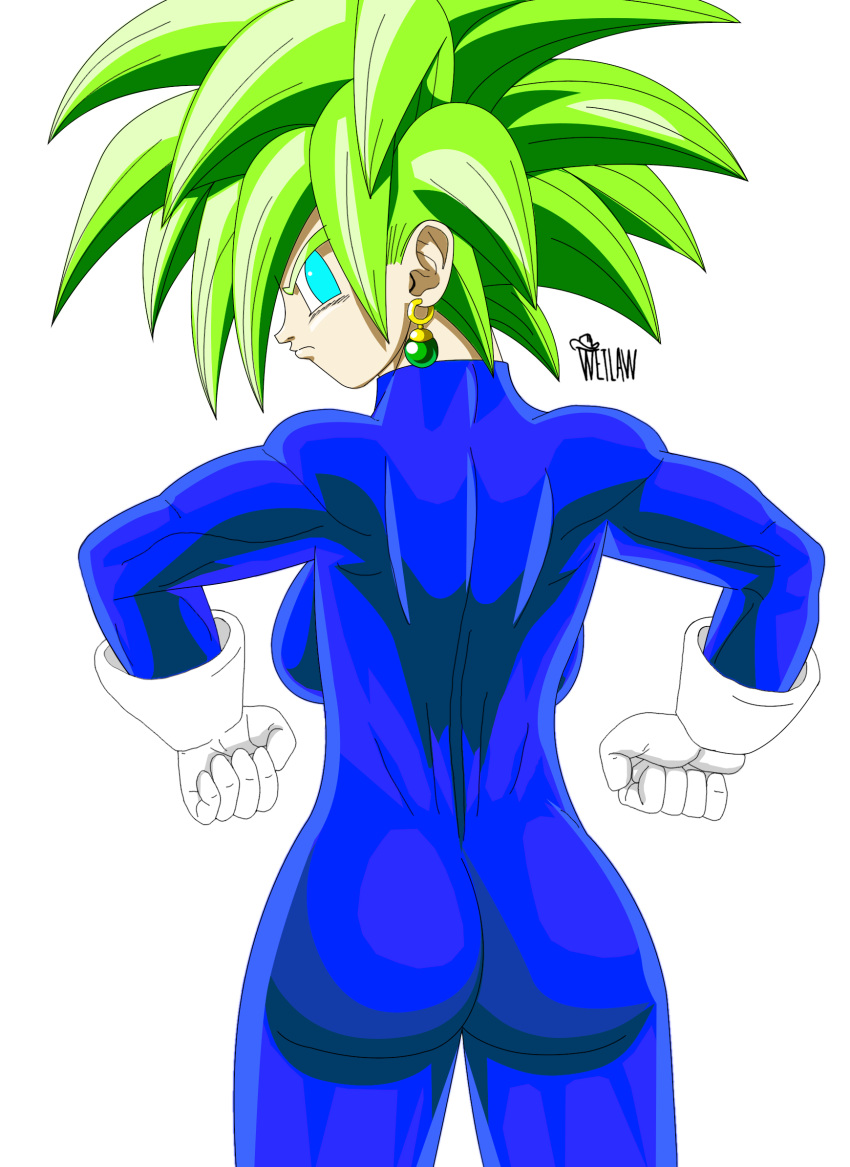 ass ass_focus back_muscles behind behind_view blue_eyes blue_jumpsuit dragon_ball dragon_ball_super earrings fusion gloves green_hair jumpsuit kefla legendary_super_saiyan looking_at_viewer looking_back potara_earrings sideboob skin_tight spiky_hair super_saiyan super_saiyan_2 wetlaw white_gloves