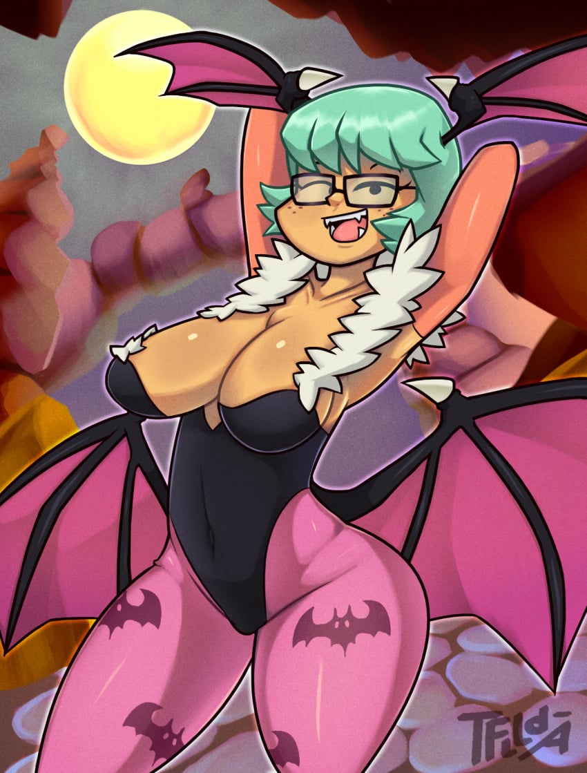 1girls 5tflldartist5 arms_behind_head bat_wings big_breasts blue_hair breasts cleavage clothing cosplay crossover darkstalkers fangs female female_focus female_only freckles fusion glasses hands_behind_head large_breasts light-skinned_female light_skin morrigan_aensland scooby-doo solo solo_female solo_focus succubus thick_thighs thighs velma_dinkley wide_hips