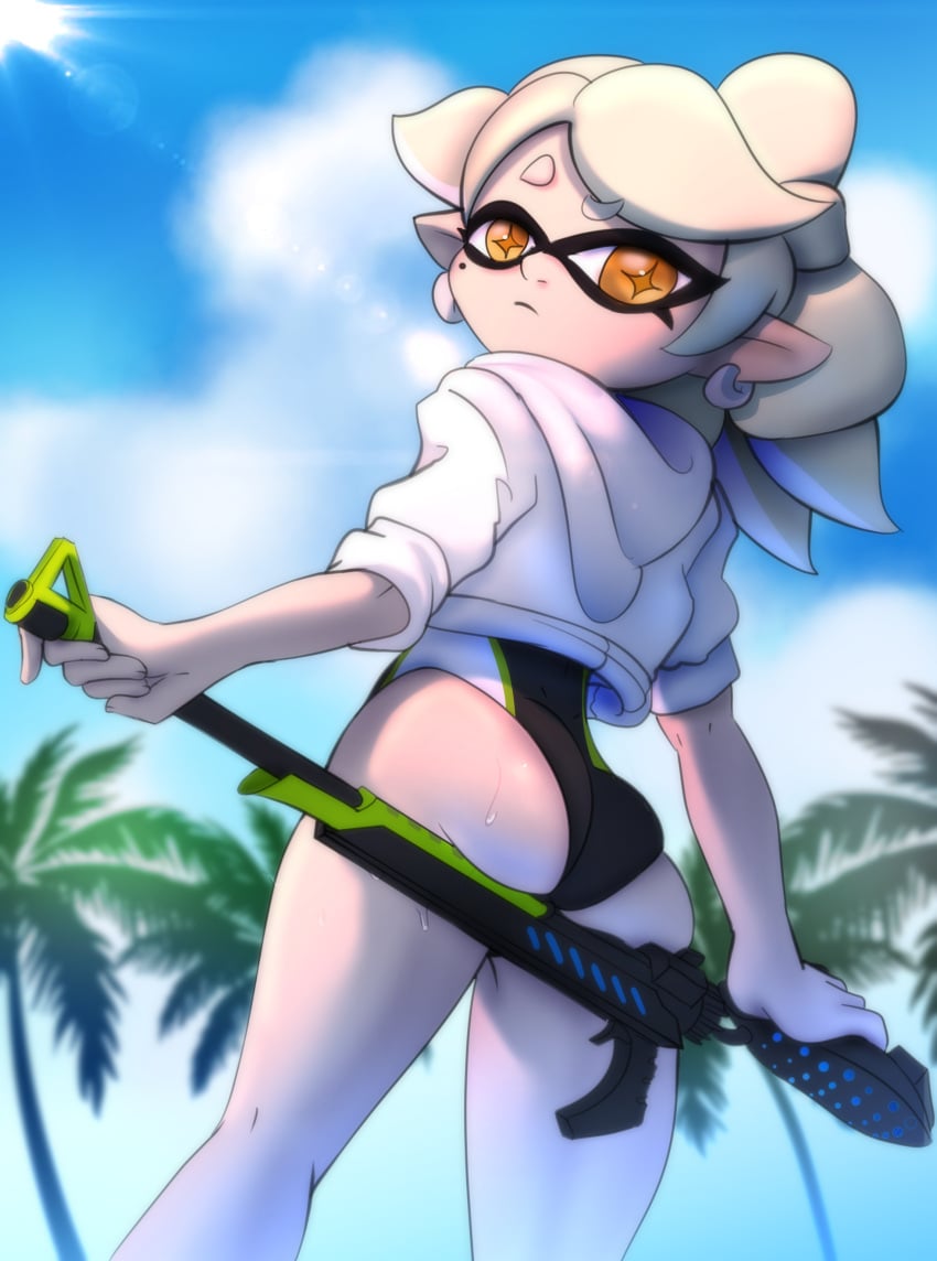 1girls ass ass eyebrows female female_only looking_at_viewer looking_back marie_(splatoon) solo solo_female solo_focus splatoon thick_thighs tobitobi90 white_hair yellow_eyes