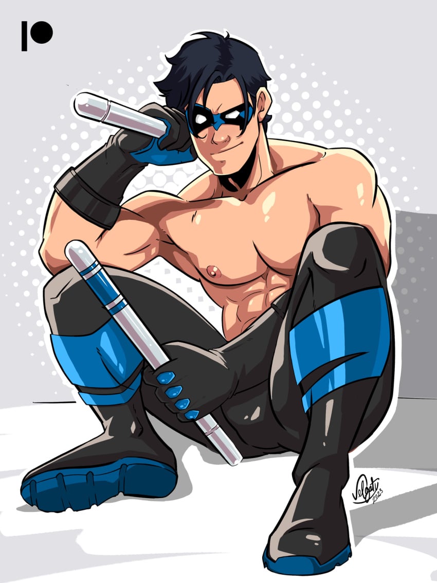 1boy abs bara batman_(series) biceps bulge cocky dc dc_comics dick_grayson gay hi_res highres lad looking_at_viewer male male_focus male_only masked masked_male muscles muscular muscular_arms muscular_male nightwing nipples solo solo_male tight_clothing velgaty