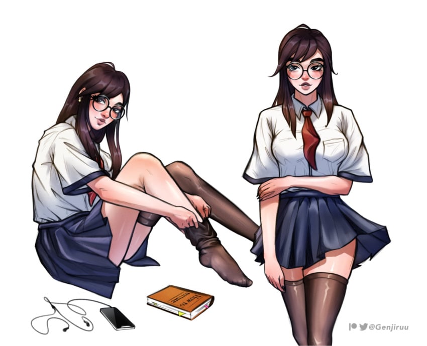 1girls black_nails black_socks book brown_hair dark_hair earphones earrings feet female genjiruu glasses killjoy_(valorant) large_breasts legs legwear light-skinned_female light_skin multiple_views phone putting_on_socks removing_legwear school_uniform schoolgirl simple_background sitting skirt slight_blush socks solo standing stockings tagme thigh_socks thighhighs thighs thigs valorant