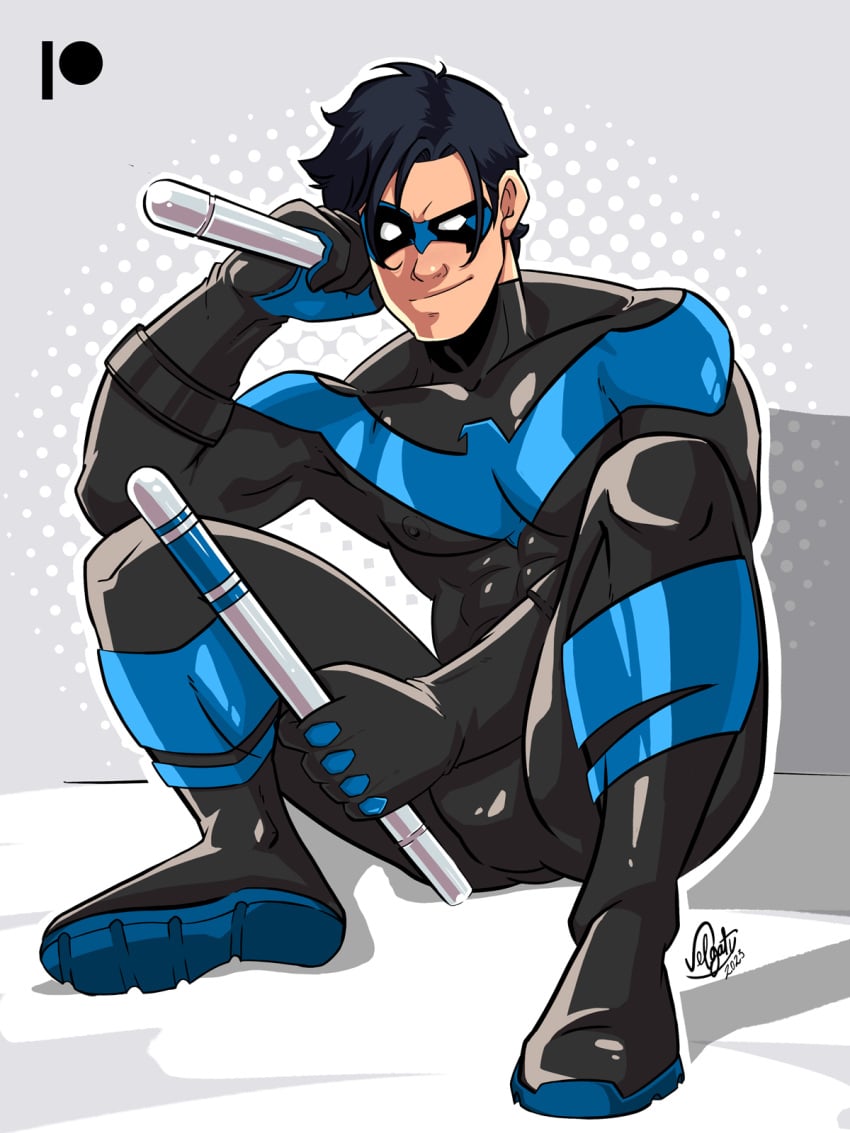 1boy abs bara batman_(series) biceps bulge cocky dc dc_comics dick_grayson gay hi_res highres lad looking_at_viewer male male_focus male_only manly masked masked_male muscles muscular muscular_arms muscular_male nightwing nipples solo solo_male tight_clothing tough_guy velgaty