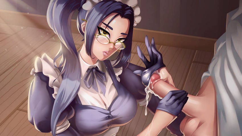 1boy 1girls cum_in_glove dick eleanora_(horny_villa) female glasses handjob horny_villa maid maid_uniform male nutaku yellow_eyes