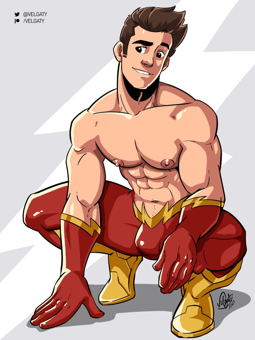 1boy abs bara barry_allen biceps brown_hair bulge clothing dc dc_comics gay hi_res highres lad male male_focus male_only muscles muscular muscular_arms muscular_male nipples solo solo_male the_flash the_flash_(series) tight_clothing velgaty