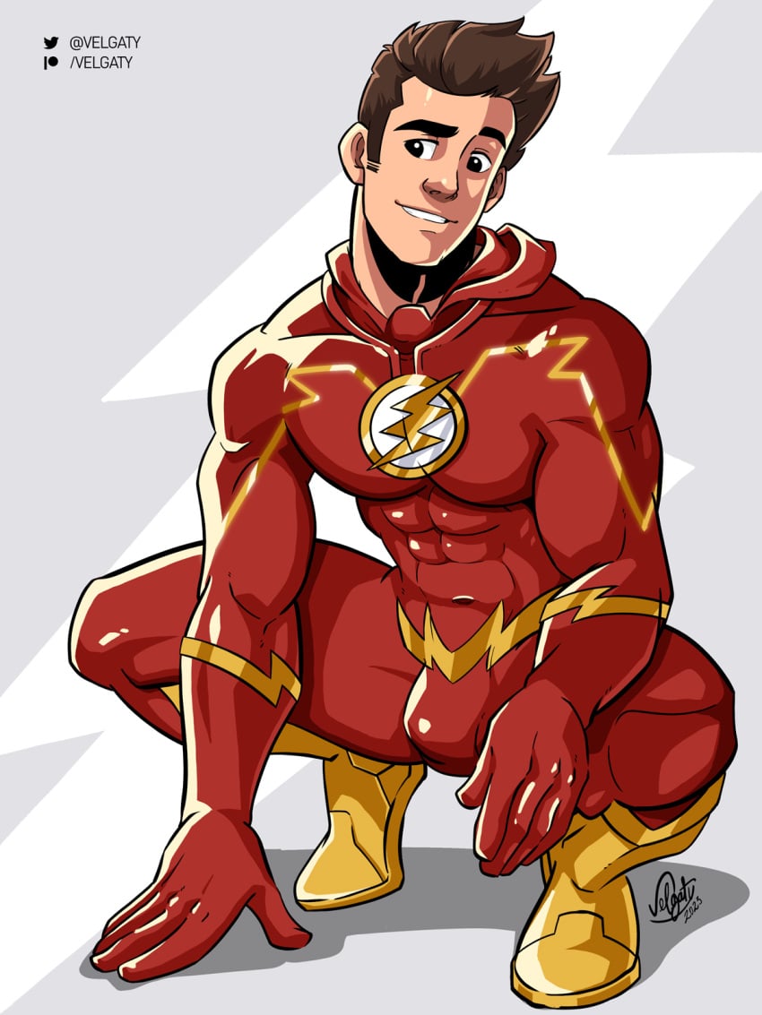 1boy abs bara barry_allen biceps bodysuit brown_hair bulge clothing dc dc_comics gay hi_res highres lad male male_focus male_only muscles muscular muscular_arms muscular_male skin_tight smile solo solo_male the_flash the_flash_(series) tight_clothing velgaty