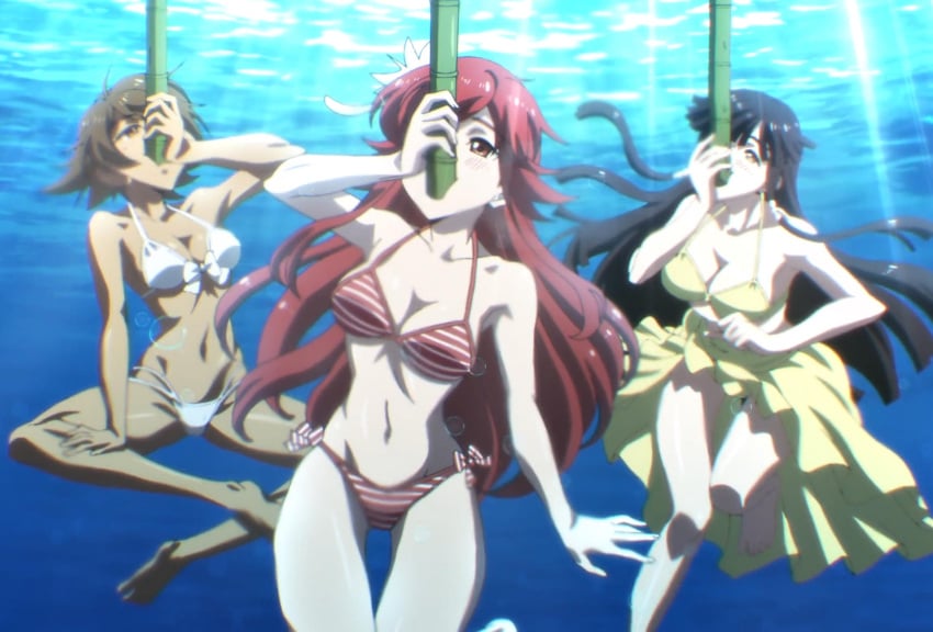 3girls accurate_art_style bikini black_hair blush breasts brown_hair classroom_for_heroes earnest_(classroom_for_heroes) medium_breasts red_hair screencap swimsuit thighs tummy