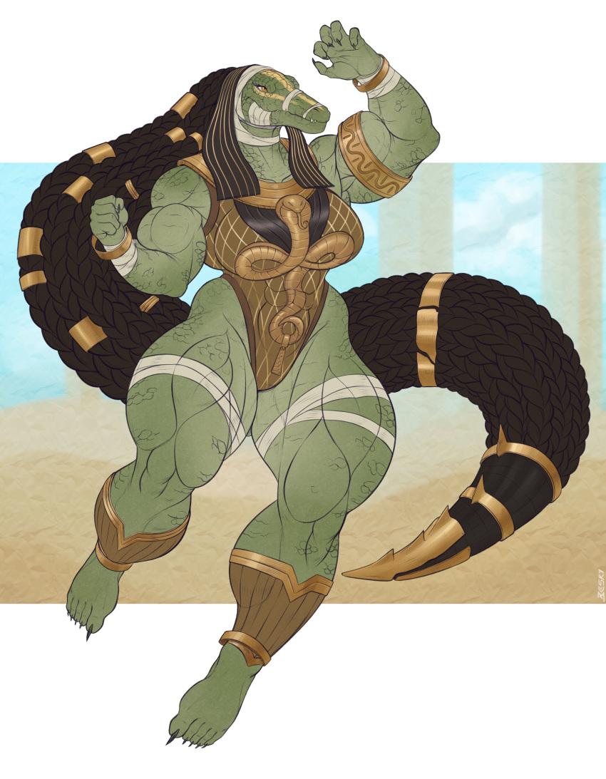 2023 5_fingers 5_toes amber_eyes ammit ammit_(moon_knight) anthro armlet arms_bent bandage bangle barefoot besky_(artist) big_breasts big_hair biped black_claws black_eyelashes black_hair black_pupils blue_sky braided_hair breasts claws clothed clothed_anthro clothed_female clothing cloud collarbone crocodile crocodilian crocodylid deity detailed_background digital_drawing_(artwork) digital_media_(artwork) egyptian_clothing egyptian_headdress egyptian_mythology eyelashes facial_markings fangs feet female finger_claws fingers fist floating full-length_portrait geometric_background glistening glistening_eyes green_body green_scales hair head_markings hi_res huge_thighs humanoid_feet humanoid_hands iris jewelry leg_wrap leotard long_hair looking_aside markings marvel marvel_cinematic_universe middle_eastern_mythology moon_knight_(series) mouth_closed muscular muscular_anthro muscular_arms muscular_female muscular_thighs mythology nemes_(clothing) non-mammal_breasts pattern_clothing pattern_leotard pillar plantigrade portrait pose pupils quads reptile sand scales scalie simple_background sky snout solo tan_clothing tan_jewelry tan_leotard tan_markings teeth thick_neck thick_thighs toe_claws toes uraeus white_clouds wide_hips wraps wrist_wraps