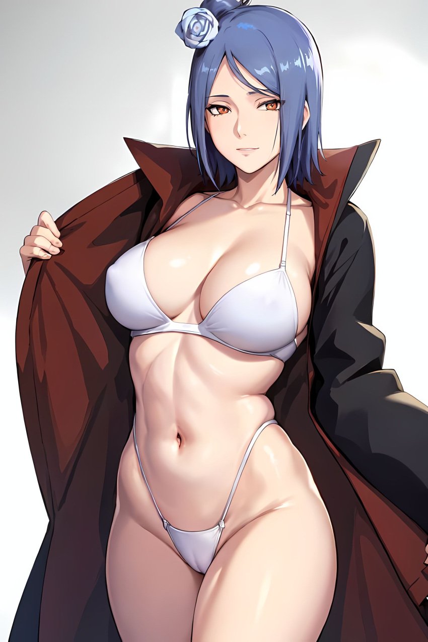 1girls ai_generated akatsuki_(naruto) big_breasts blue_hair breasts cameltoe cleavage cloak coat curvaceous flower flower_in_hair g-string hair_ornament highleg highleg_panties konan legs_together light-skinned_female light_skin long_hair looking_at_viewer mature mature_female midriff mimi_ai nai_diffusion naruto naruto_(series) naruto_shippuden oppai orange_eyes paipan panties pinup pulled_by_self removing_clothing rose_(flower) shiny shiny_hair shiny_skin slim_waist smile stable_diffusion taking_clothes_off underwear undressing undressing_self upper_body voluptuous white_bra white_panties wide_hips