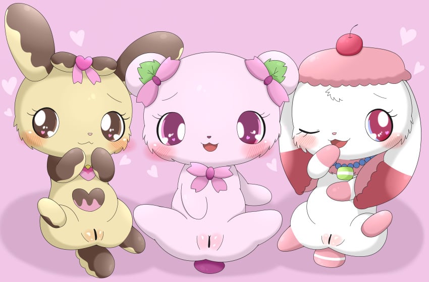 2023 absurd_res anthro azuo bear better_version_at_paywall bow_accessory bow_ribbon brown_eyes censor_bar censored domestic_rabbit eclair_(sweetspet) female fur genitals group heart hi_res jewelpet jewelry lagomorph leporid lop_rabbit lying macaronia mammal mochi_(jewelpet) necklace on_back oryctolagus pink_background pink_body pink_bow pink_eyes pink_fur plump_labia presenting presenting_pussy pussy rabbit sanrio simple_background spread_legs spreading sweetspet take_your_pick tan_body tan_fur trio white_body white_fur