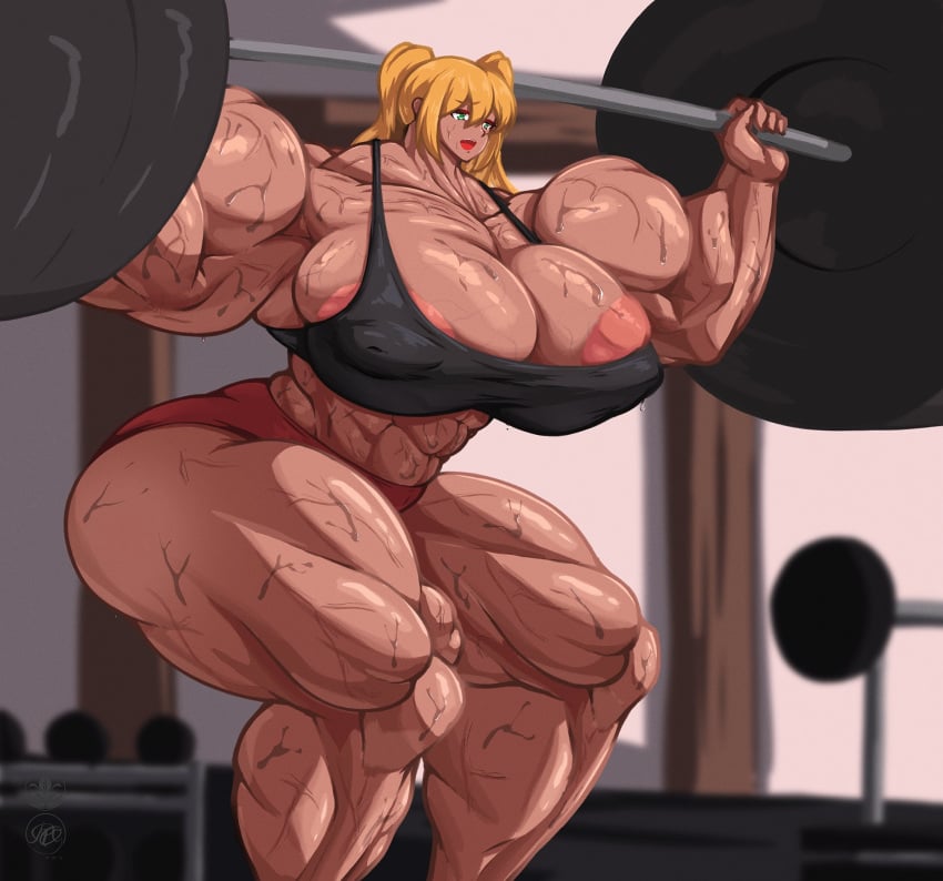 1girls abs dark-skinned_female dumbbell_nan_kilo_moteru? extreme_muscles female female_only hyper_breasts muscular_female roneesan sakura_hibiki solo sweat weightlifting