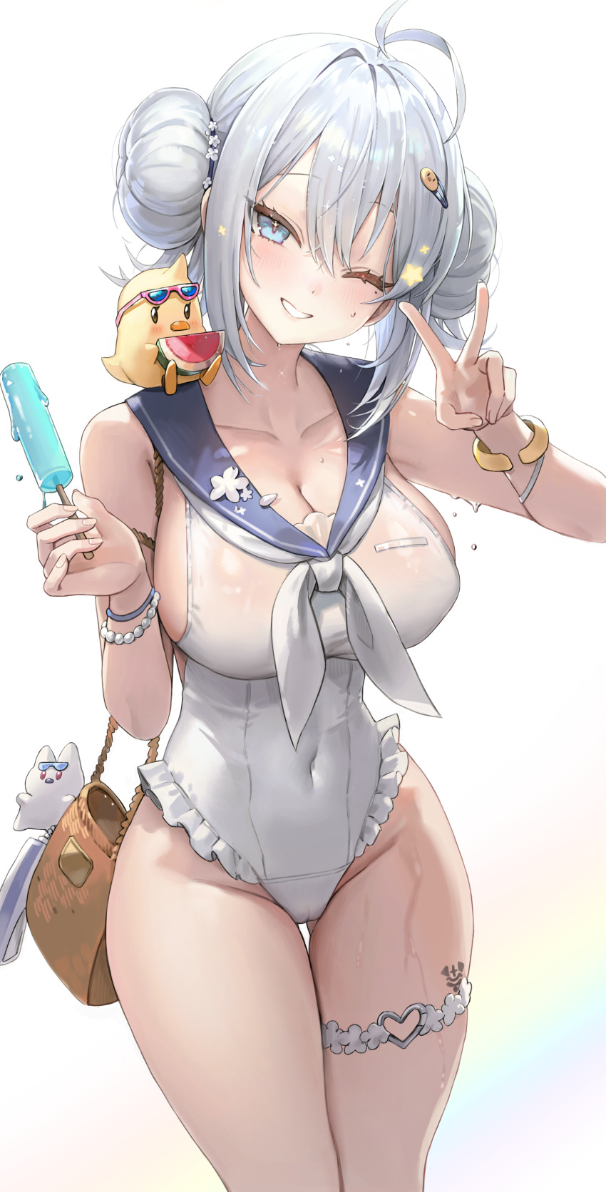 1animal 1girls ahoge azur_lane belly_button belly_button_visible_through_clothing blue_eye breasts cleavage double_bun female female_only food freng grey_hair hairclip huge_breasts iron_blood_(azur_lane) jade_(a_lick_of_summer)_(azur_lane) jade_(azur_lane) large_breasts light-skinned_female light_skin looking_at_viewer manjuu_(azur_lane) one-piece_swimsuit one_eye_closed peace_sign popsicle sideboob smile solo swimsuit thighs v wink