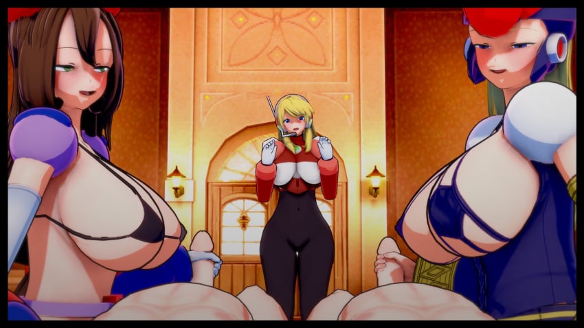 2boys 3d 3girls akuscaa alia berkana big_breasts blonde_hair blue_eyes blush brown_hair exposed_breasts handjob helmet iris_(mega_man) large_breasts laying_down long_hair mega_man mega_man_x mega_man_x_dive nervous offscreen_male revealing_clothes sideboob smile string_bikini surprised tagme