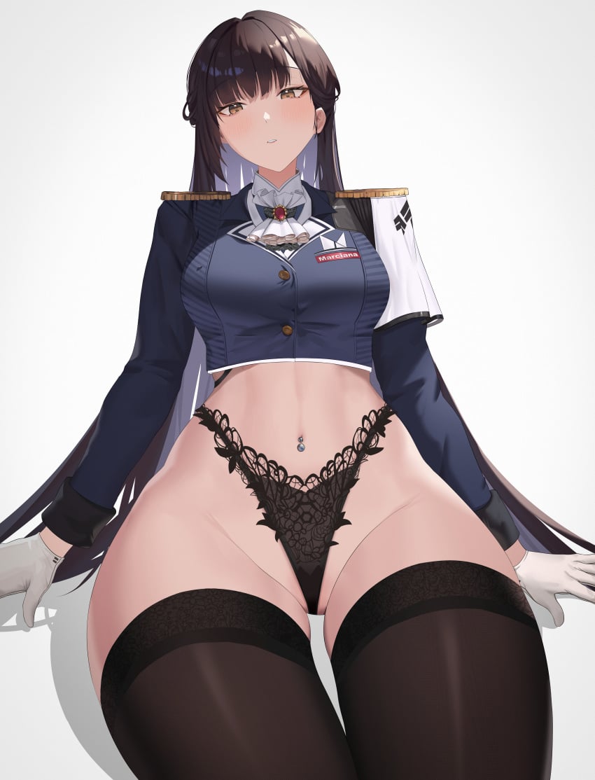 1girls absurd_res ascot black_hair black_panties black_shirt blush capelet character_name epaulettes female goddess_of_victory:_nikke highleg highleg_panties human lace-trimmed_panties light-skinned_female light_skin long_hair looking_at_viewer marciana_(nikke) navel navel_piercing no_pants pale-skinned_female pale_skin panties parted_lips piercing pumi_puru simple_background sitting solo solo_female thighhighs thighs underwear voluptuous white_background white_gloves yellow_eyes