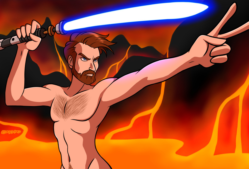 1boy abs bara beard biceps blue_eyes completely_nude darthguyford facial_hair gay hairy hairy_chest hi_res highres lightsaber_hilt male male_focus male_only male_pubic_hair muscles muscular muscular_arms muscular_male nude obi-wan_kenobi solo solo_male star_wars