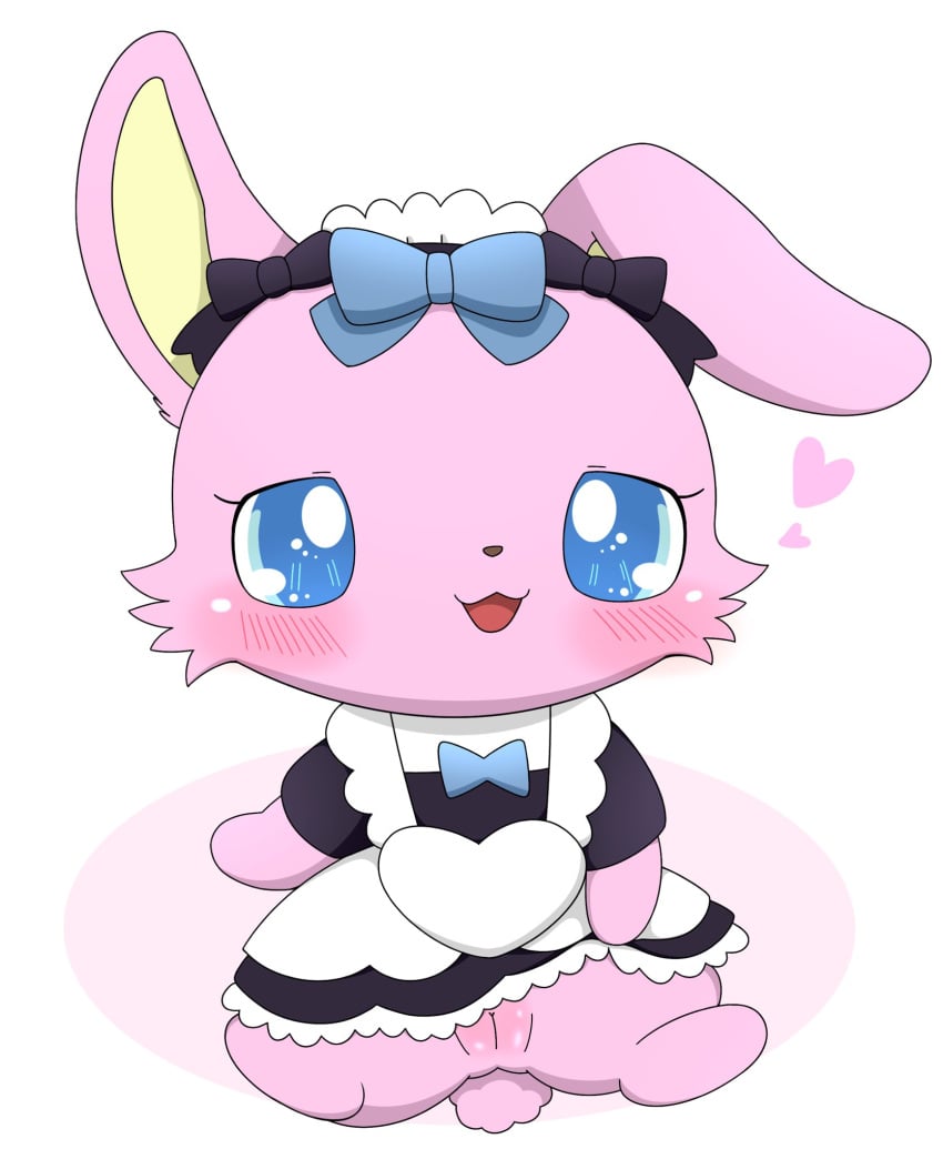 2023 anthro azuo blue_eyes blue_ribbon blush clothed clothing clothing_lift dress dress_lift female fur genitals heart hi_res jewelpet lagomorph leporid luna_(jewelpet) maid_headdress maid_uniform mammal pink_body pink_fur plump_labia presenting presenting_pussy pussy rabbit sanrio semi-anthro simple_background solo uniform white_background