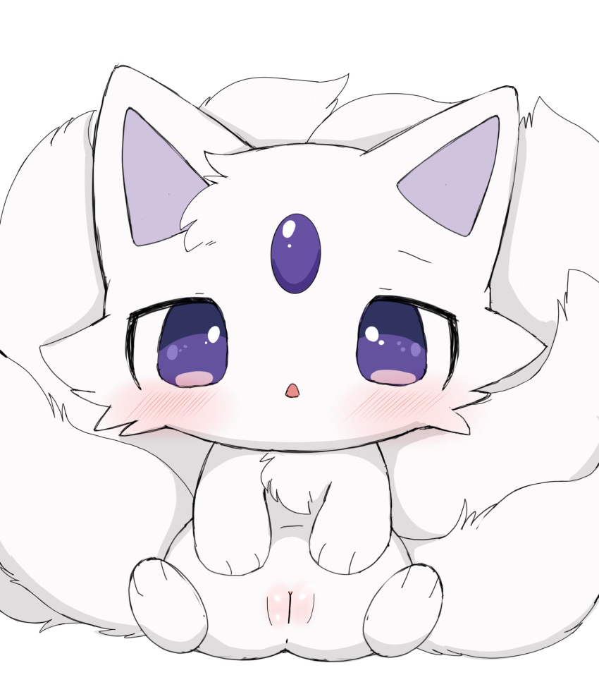 amber_(makemon) asian_mythology azuo blush canid canine east_asian_mythology female feral fox fur genitals hi_res japanese_mythology makemon mammal multi_tail mythology plump_labia presenting presenting_pussy purple_eyes pussy simple_background solo tail white_background white_body white_fur yokai